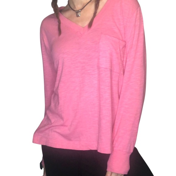 Loft Lou & Grey Long Sleeve Pink Tee Sz L Slub Cotton Lightweight V Neck Classic - Picture 1 of 7